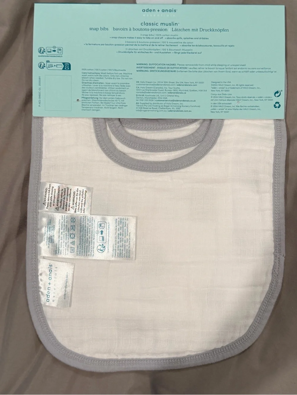 aden + anais Classic Muslin Snap Bibs - Gray Trim with Pastel Animal Print